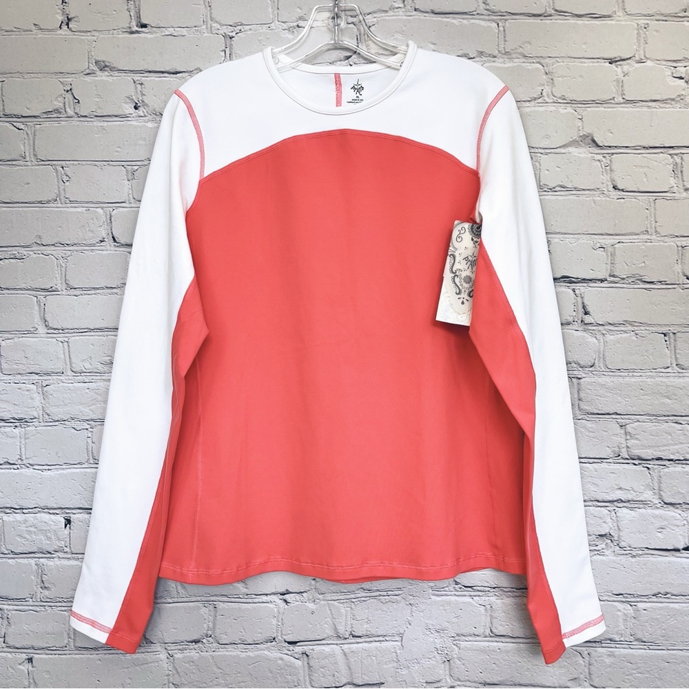 NWT prAna ‘Rana’ Long Sleeve Performance Shirt Coral/White Sz XL